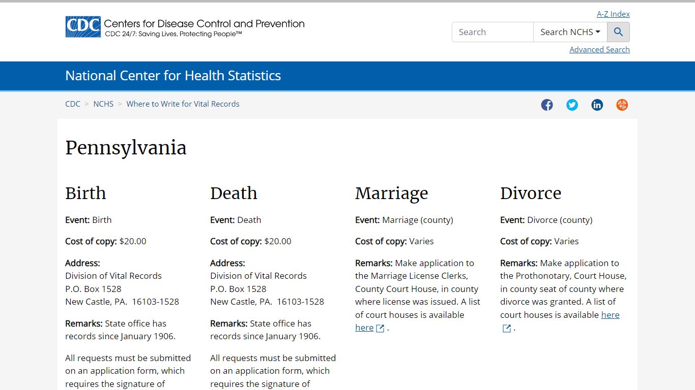 Where to Write for Vital Records - Pennsylvania - Centers for Disease ...